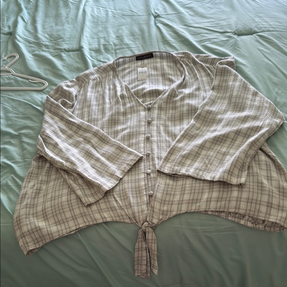 Lane Bryant Co. Beige-Gray Plaid Button Tie Front Top